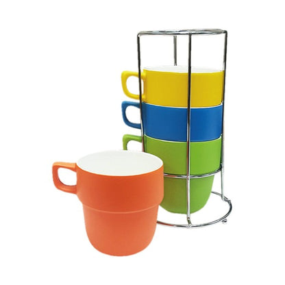 Stackable Ceramic Cups Set of 4 (100 ml) | Microwave & Dishwasher Safe Tea & Coffee Mugs with Glossy Finish | Ideal for Gifting (Printed Blue with Stand)