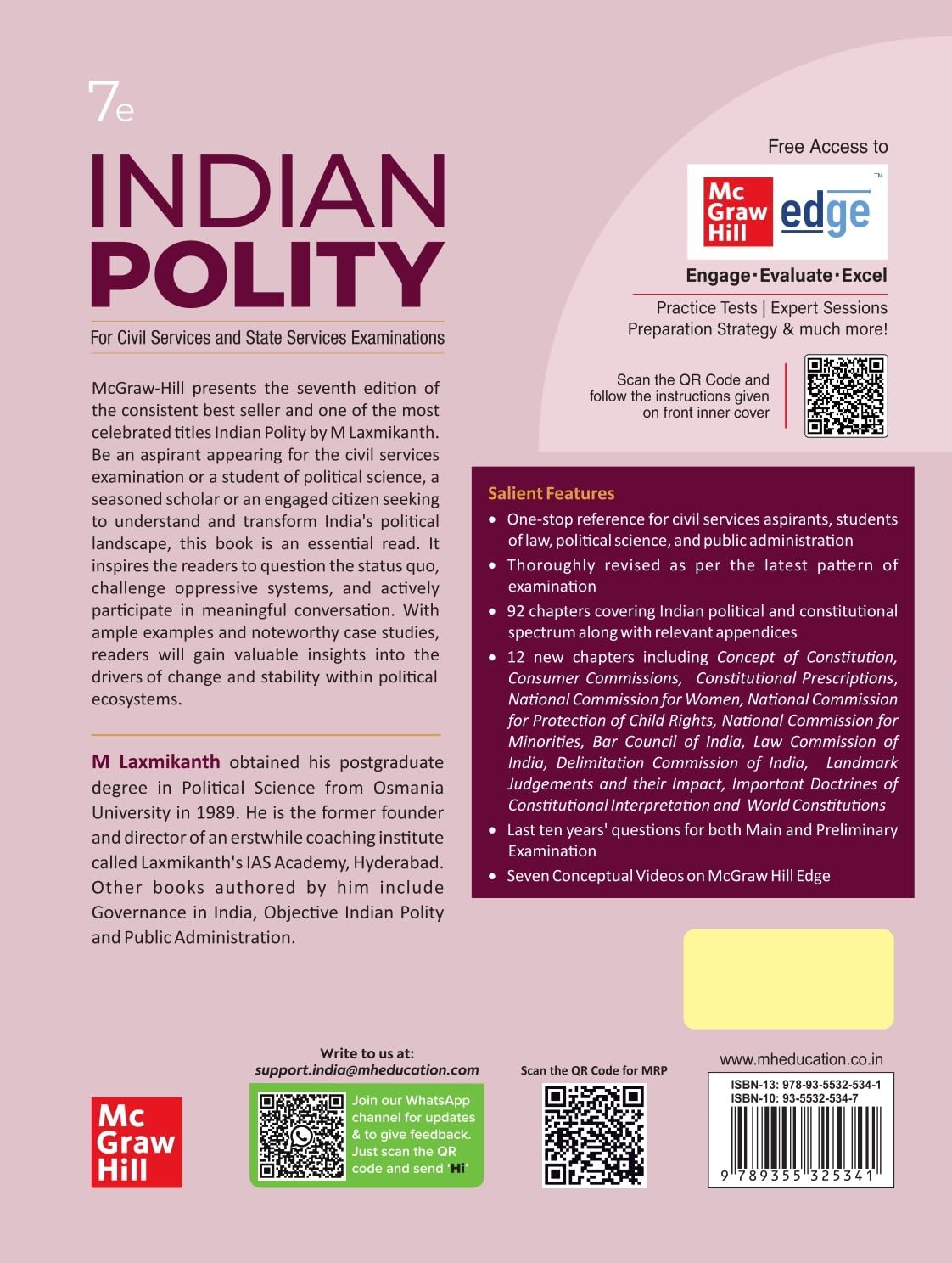 Indian Polity (English) by M Laxmikanth for UPSC CSE 2025 | 7th edition (latest) | Civil Services Exam - Prelims, Mains and Interview | State PSCs exams/ PCS exams | Exclusive access to McGraw Hill edge online platform: Practice tests