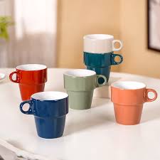 Stackable Ceramic Cups Set of 4 (100 ml) | Microwave & Dishwasher Safe Tea & Coffee Mugs with Glossy Finish | Ideal for Gifting (Printed Blue with Stand)