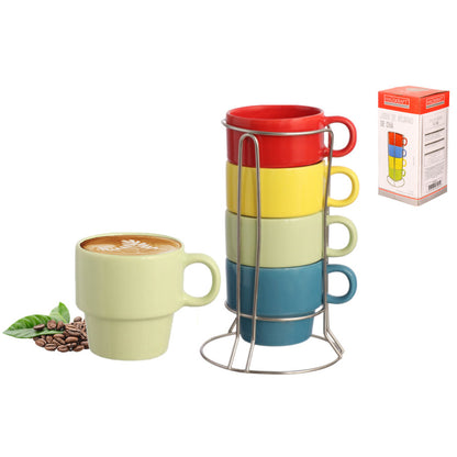 Stackable Ceramic Cups Set of 4 (100 ml) | Microwave & Dishwasher Safe Tea & Coffee Mugs with Glossy Finish | Ideal for Gifting (Printed Blue with Stand)